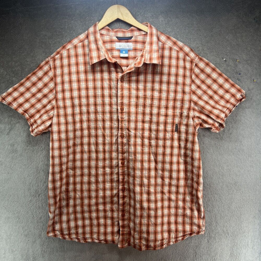 EUC‎ Columbia Shirt Mens 2XL Orange Gray striped Short Sleeve Outdoors XXL